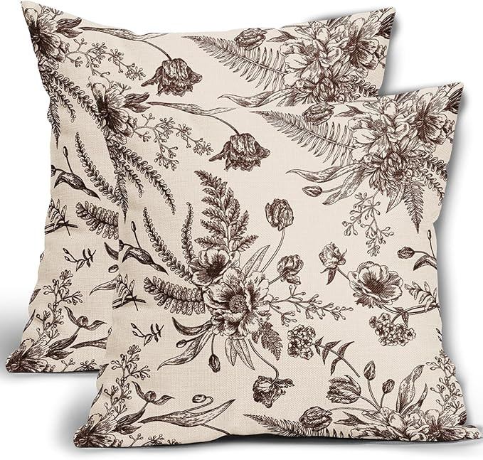 Brown Cream Flowers Pillow Covers 20x20 Inch 2 Packs Fall Morden Floral Throw Pillows Vintage Aut... | Amazon (US)