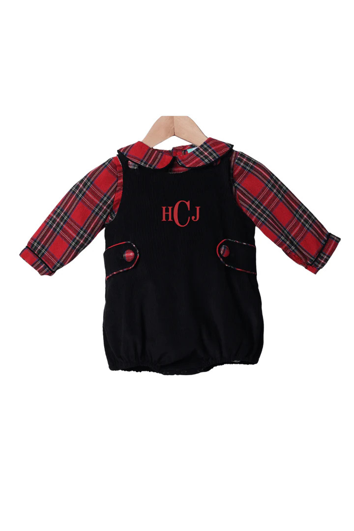 Christmas Tartan Plaid Black Corduory 2pcs. Bubble | The Smocked Flamingo