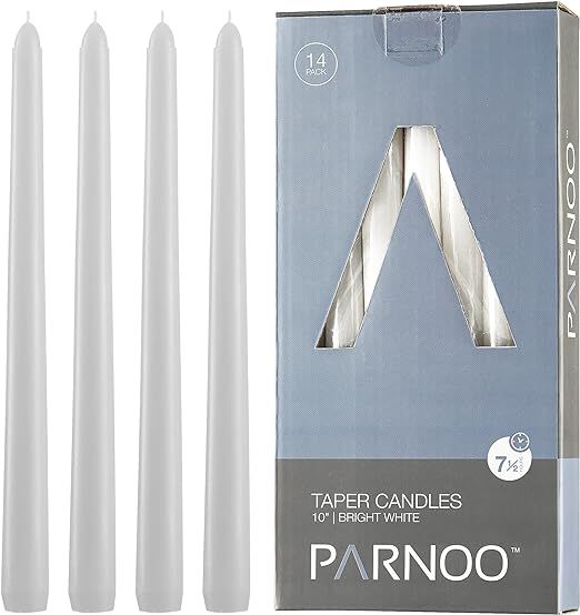 White Taper Candles - Set of 14 Dripless Candles - 10 inch Tall, 3/4 inch Thick - 7.5 Hour Clean ... | Amazon (US)