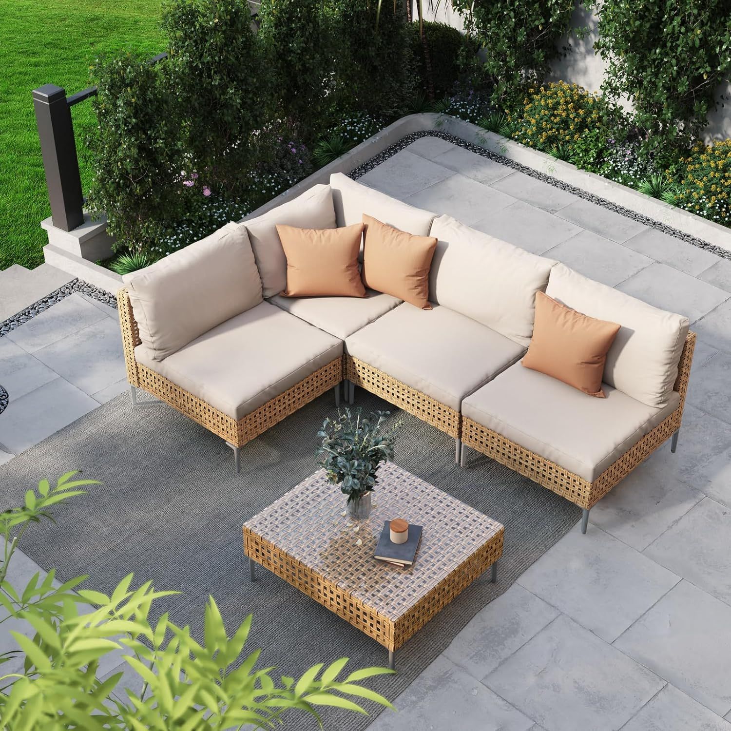 Grand patio 5-Piece Wicker Patio Furniture Set, All-Weather Boho Outdoor Sectional Sofa with Wate... | Amazon (US)