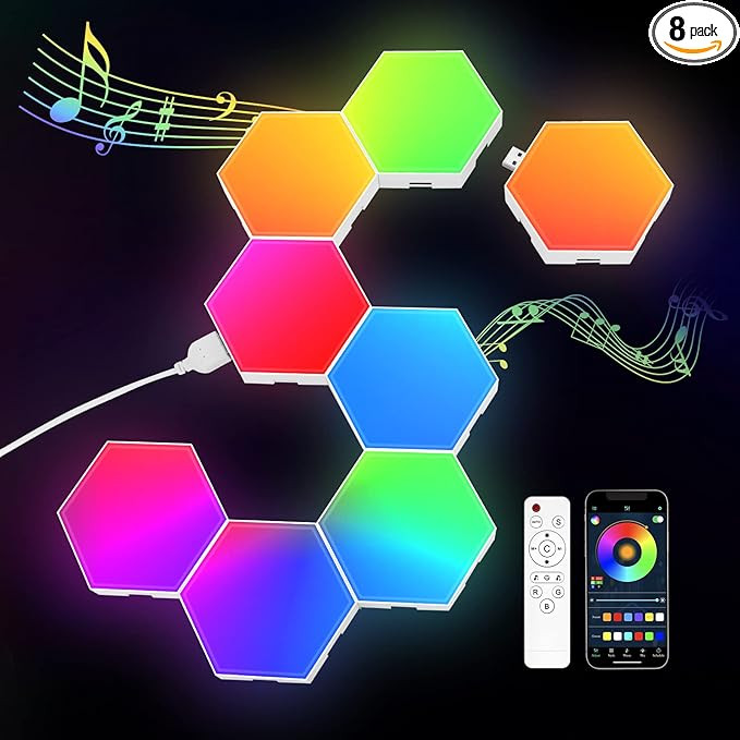 JIMIMORO 8 Pack Hexagon Light Panels -Cool Music Sync RGB Hexagon LED Lights Gaming Lights with A... | Amazon (US)