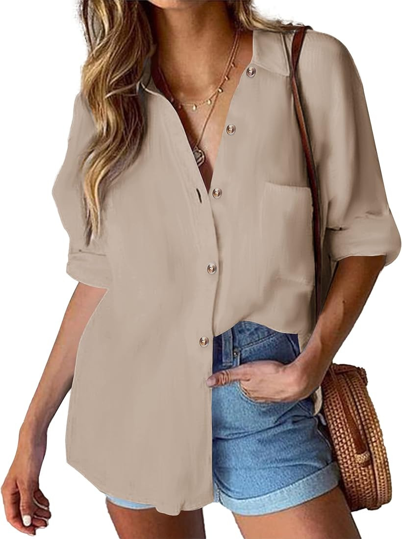 Hotouch Womens Cotton Button Down Shirt Casual Long Sleeve Loose Fit Collared Linen Work Blouse T... | Amazon (US)