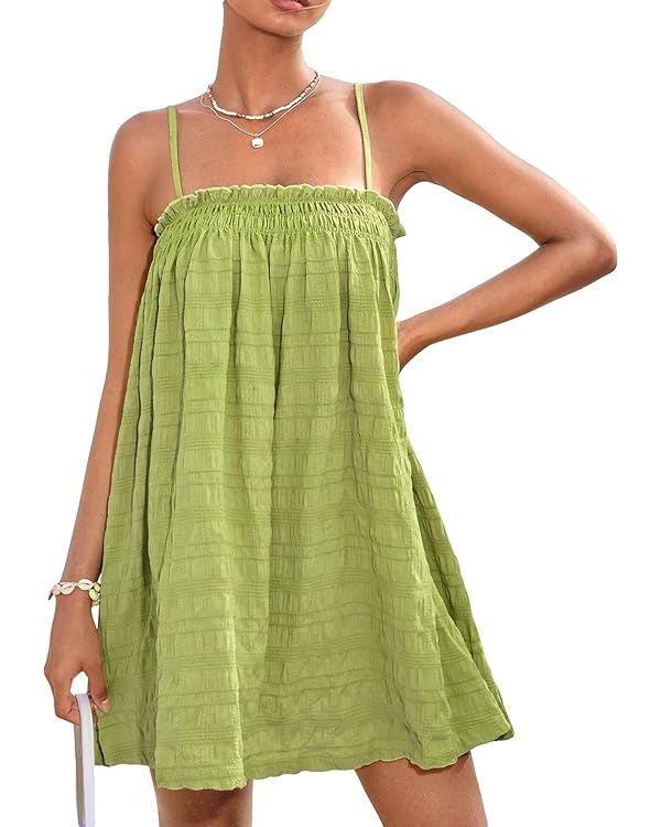 MakeMeChic Women's Casual Sleeveless Summer Cami Dress Ruffle Swing Shirred Mini Short Dress | Amazon (US)