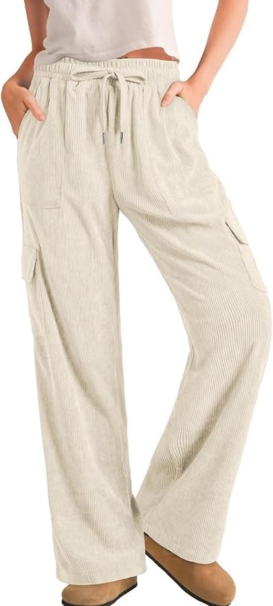 Sidefeel Womens Corduroy Pants Casual High Waisted Elastic Drawstring Cargo Loose Fit Wide Leg Pa... | Amazon (US)