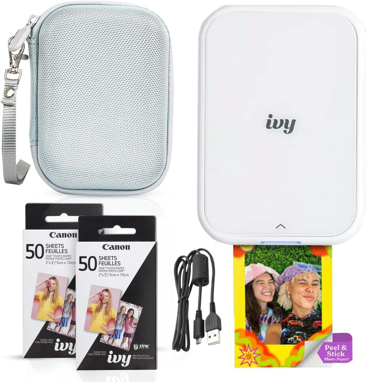 Canon Ivy 2 Mini Photo Printer (Pure White) - Bluetooth, Print from iOS & Android Devices, Bundle Incl. 110 Zink Sticky-Back Prints, LED Light Bar, Protective Case, and USB Cable | Amazon (US)