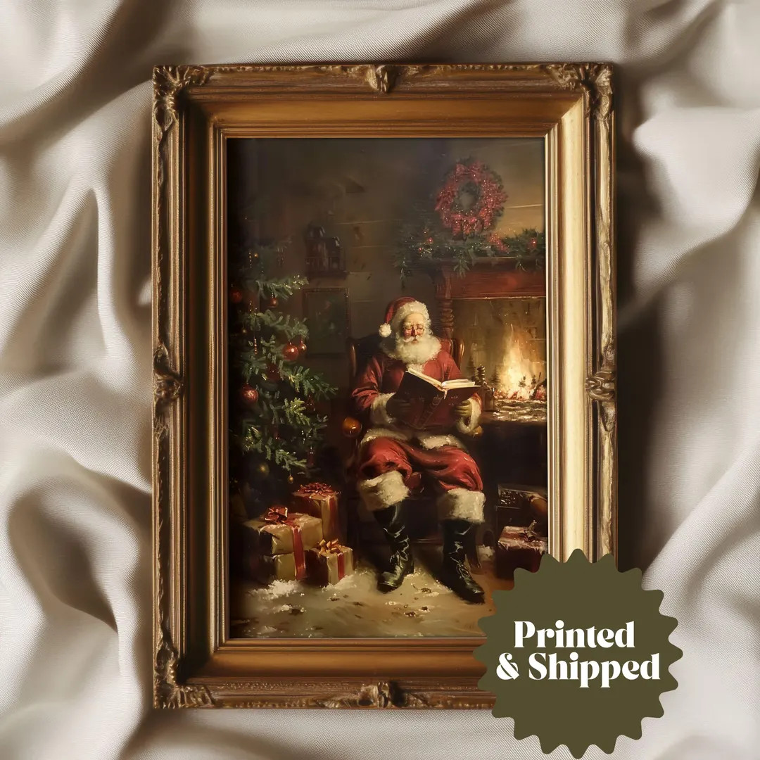 Santa Claus Reading by the Christmas Tree Print | Vintage Cozy Christmas Wall Art | Cottage Holid... | Etsy (US)
