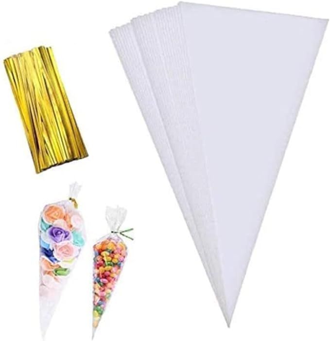 100 Pieces Popcorn Bags for Party Cone Shape Bags Transparent Cello Bags Sweet Clear Treat Bags w... | Amazon (US)