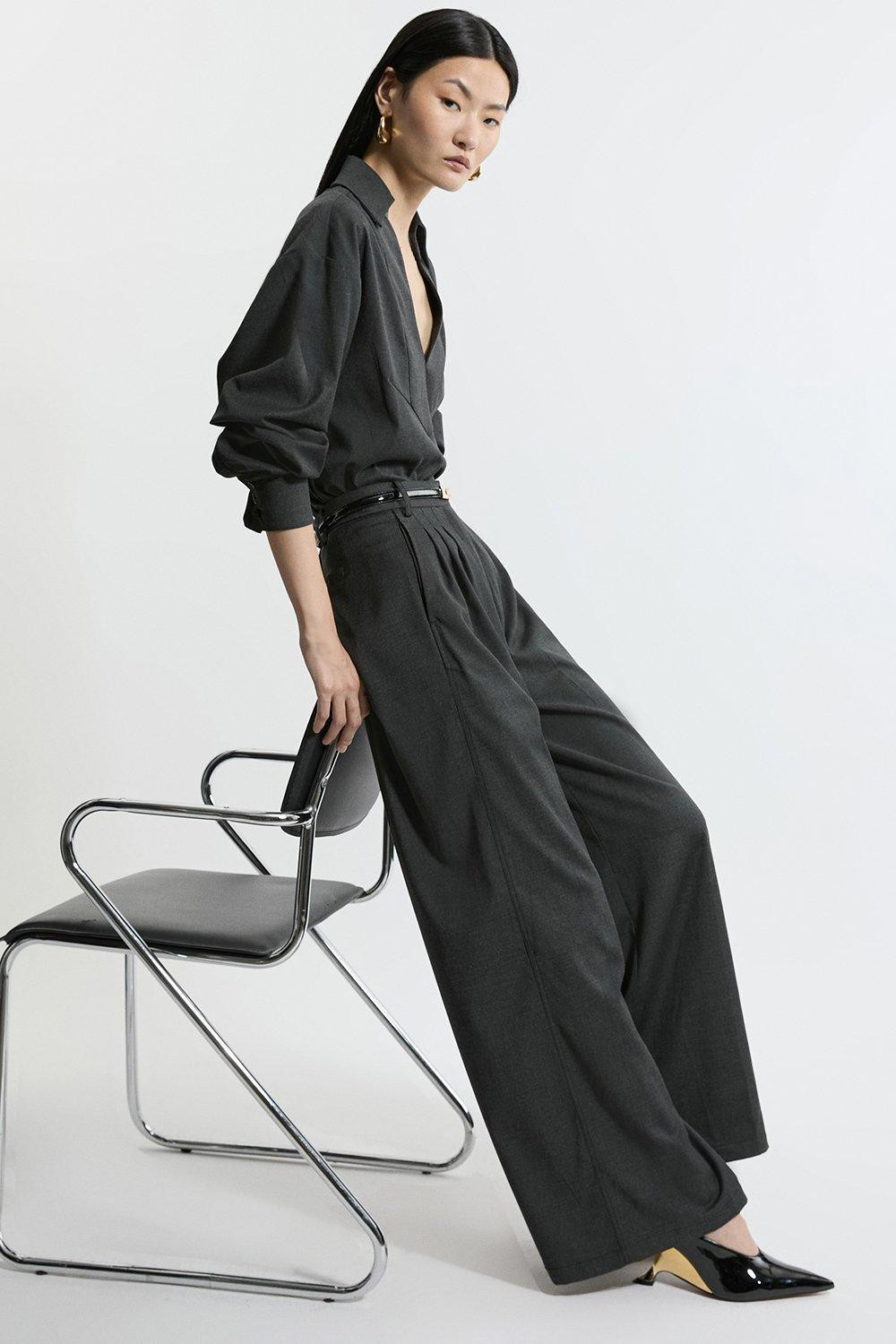 Petite Tailored Wide Leg Darted Trousers | Karen Millen UK + IE + DE + NL
