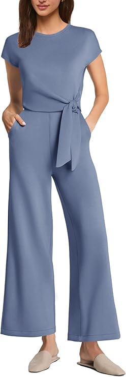 SENSERISE Womens Jumpsuit Tie Waist Casual Wide Leg Capri Jumpsuits Cap Sleeves One Piece Airport... | Amazon (US)