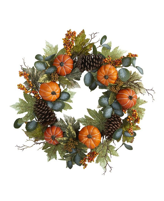 Nearly Natural Pumpkins, Pine Cones and Berries Fall Artificial Wreath & Reviews - Artificial Pla... | Macys (US)