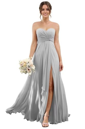 Chiffon High Split Bridesmaid Dresses Long A-line Ruched Strapless Formal Dress Evening Gowns with Pockets for Wedding Silver | Amazon (US)