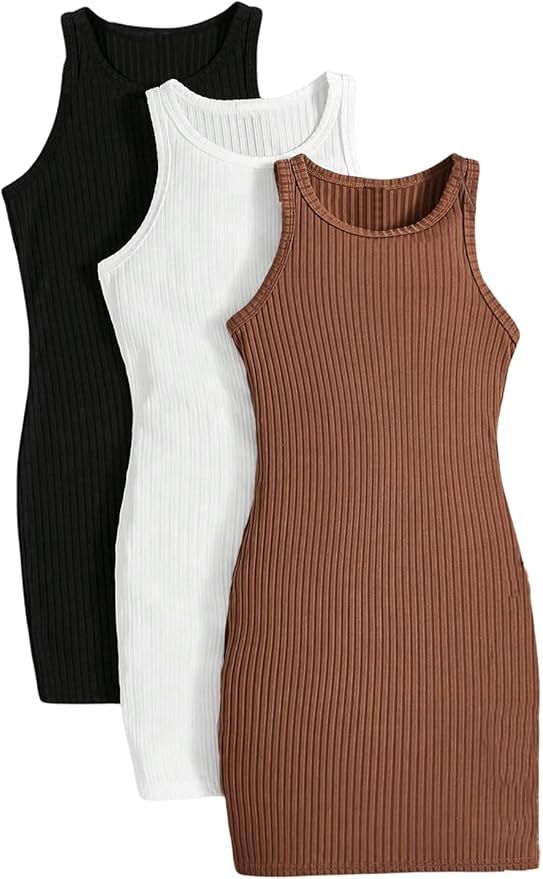 GORGLITTER Women's 3 Piece Sleeveless Ribbed Knit Mini Dress Round Neck Bodycon Tank Dresses | Amazon (US)
