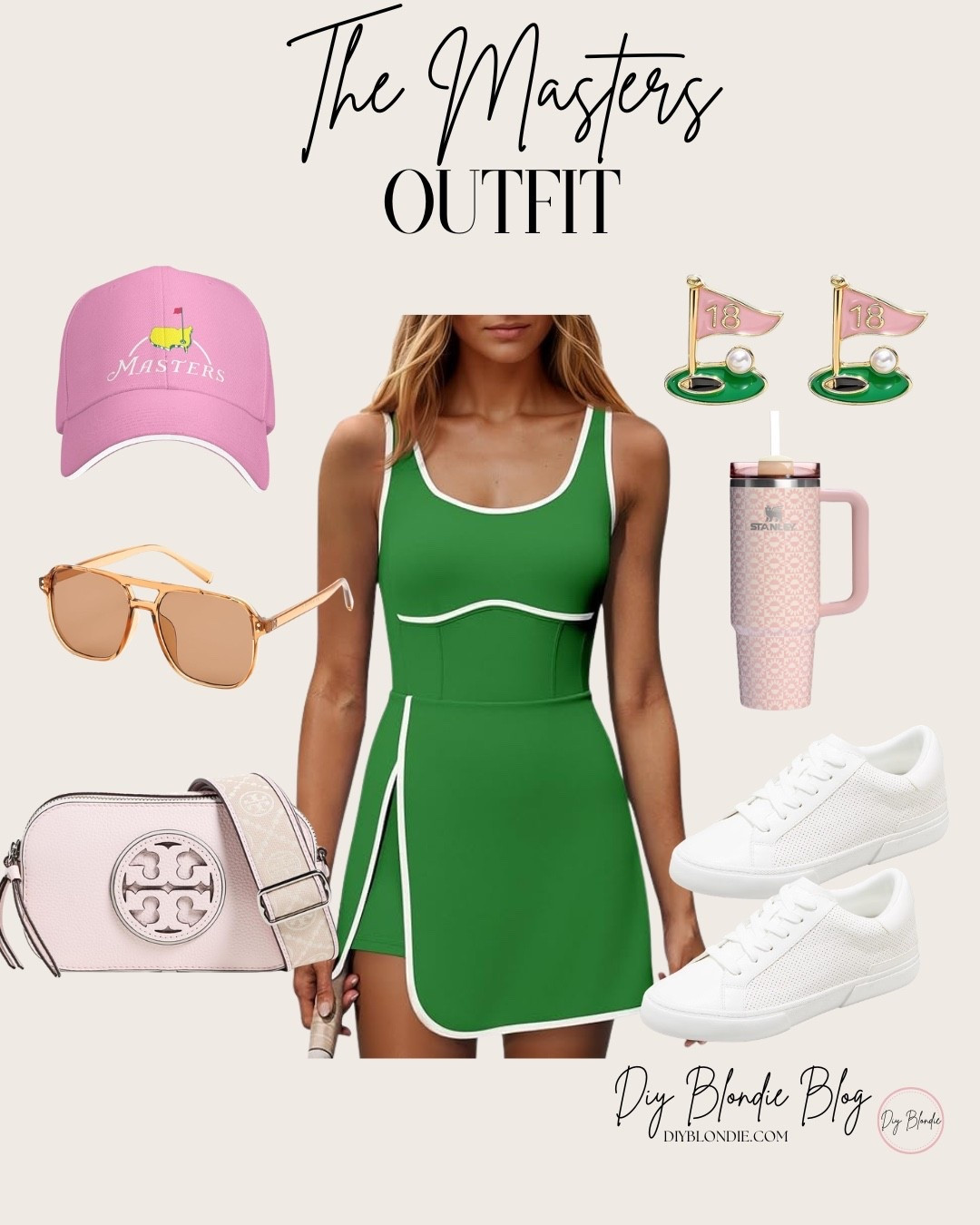 Sporty Masters style 💚 This green tennis-style dress is perfect for tournament week — cute, comfortable, and easy to walk the course in. I paired it with white sneakers, pink accessories, and fun golf-themed earrings for a feminine Augusta-inspired look. Linking everything here!