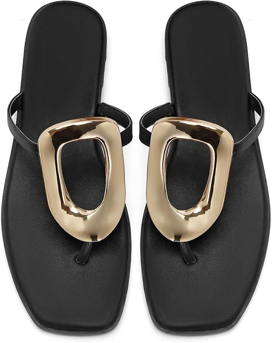 Flip-Flops for Women Thong Sandals Flat Slip on Slides Leather Beach Comfort Open Square Toe Ladi... | Amazon (US)