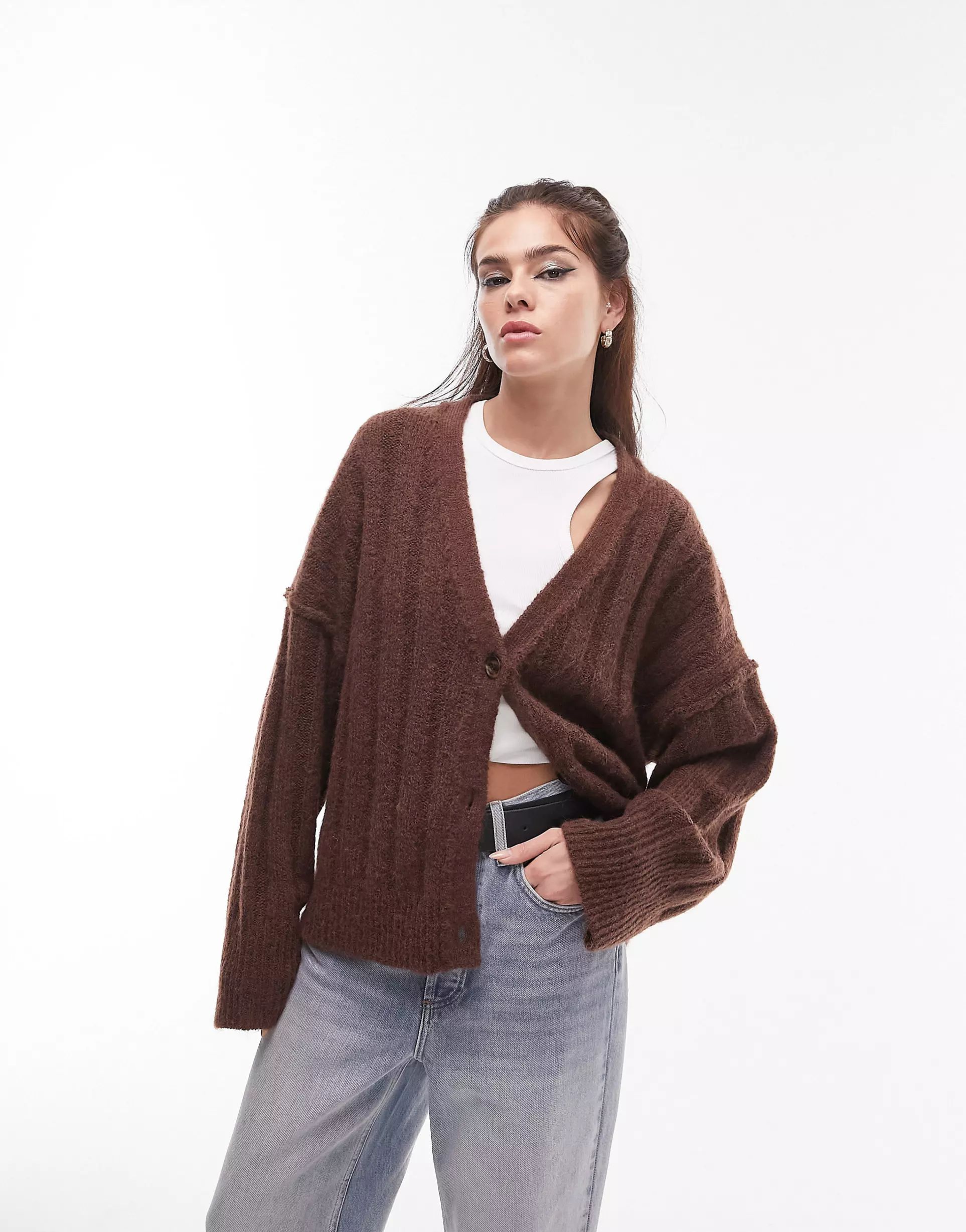 Topshop knitted fluffy v-neck wide rib cardigan in brown | ASOS (Global)