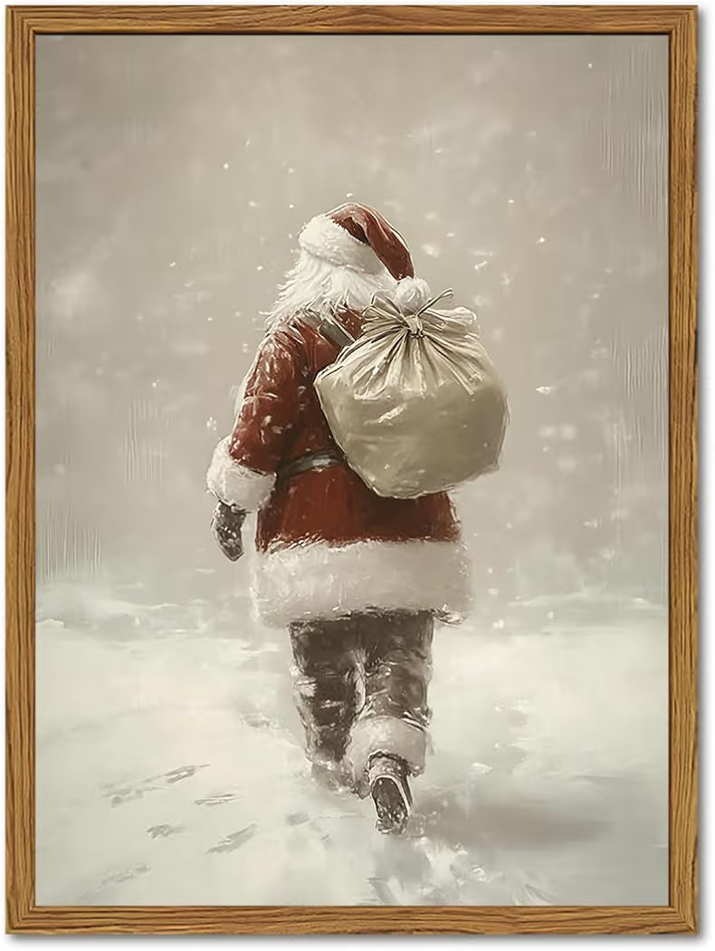 Framed Vintage Christmas Canvas Wall Art, Rustic Santa Claus Walking Snowy Wall Decor Paintings, ... | Amazon (US)