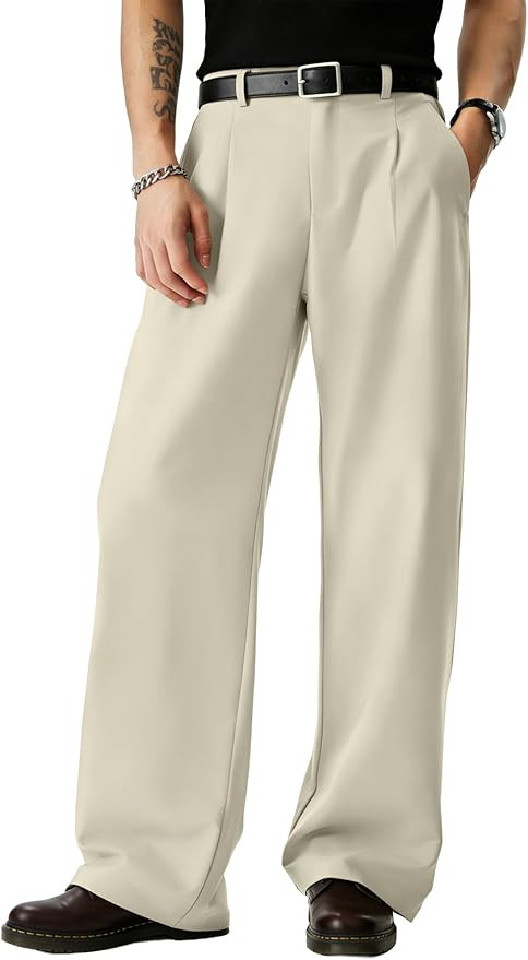 JMIERR Mens Baggy Casual Dress Pants Lightweight Pleated Old Money Wide Leg Pants Loose Relaxed F... | Amazon (US)