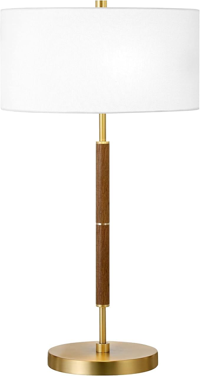 Henn&Hart 25" Tall 2-Light Table Lamp with Fabric Shade in Rustic Oak/Brass/White, Lamp, Desk Lam... | Amazon (US)