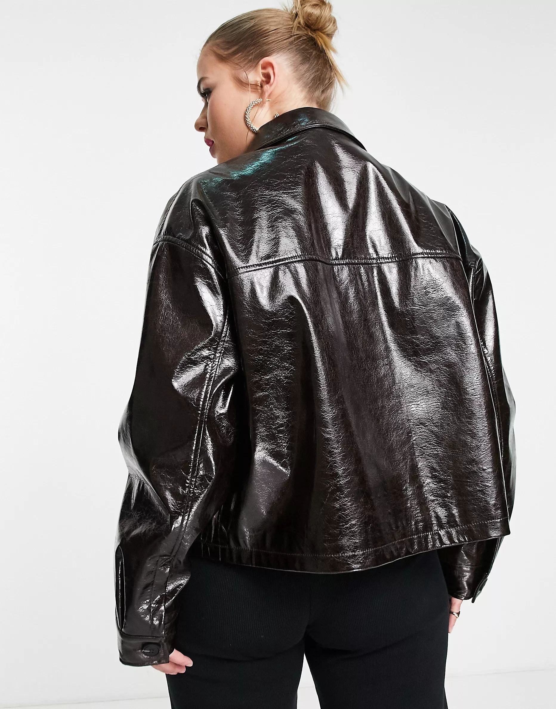 ASOS DESIGN Curve cracked faux leather throw-on jacket in brown | ASOS | ASOS (Global)