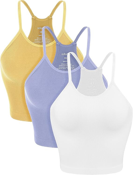 ODODOS Women's Crop 3-Pack Washed Seamless Rib-Knit Camisole Crop Tank Tops | Amazon (US)