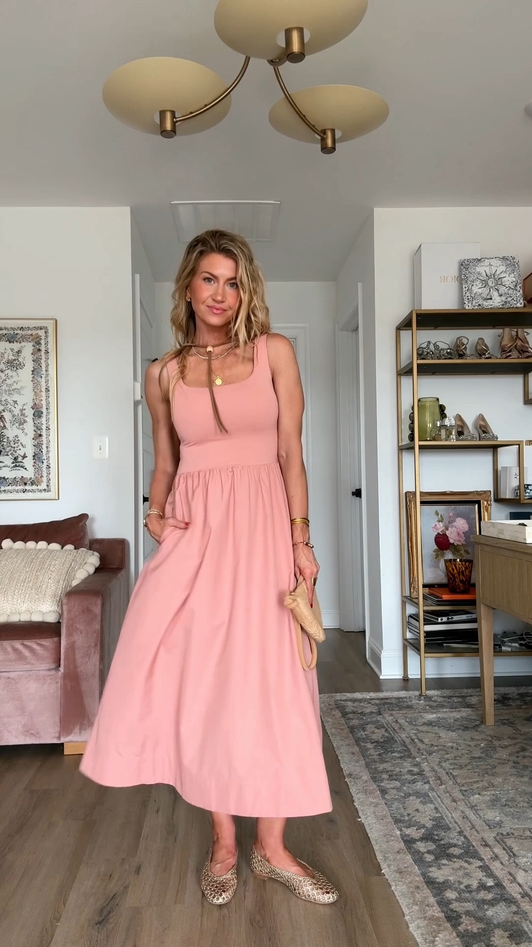 Love this pink dress- the top is lined with great support.

Pink dress: ON SALE! TTS, wearing S

Gold open weave flats: TTS

#LTKootd #LTKgrwm #LTKSaleAlert