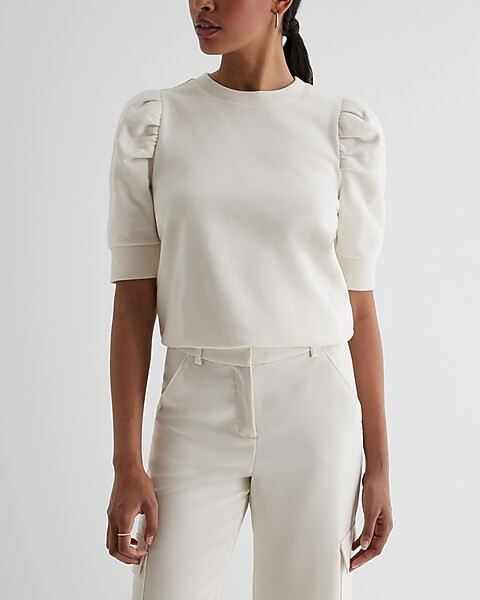 Crew Neck Short Puff Sleeve Fleece Sweatshirt | Express