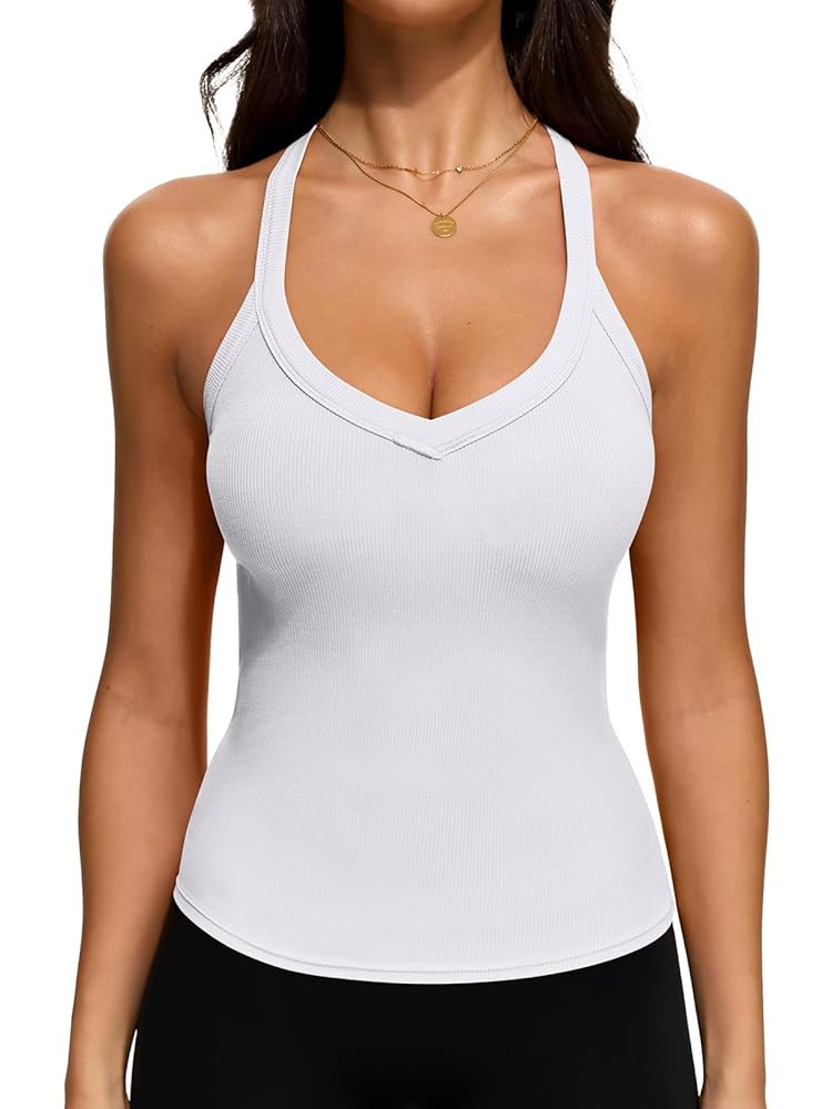 REORIA Womens Workout Tank Tops V Neck Racerback Going Out Crop 2025 Trendy Top Summer Sleeveless... | Amazon (US)
