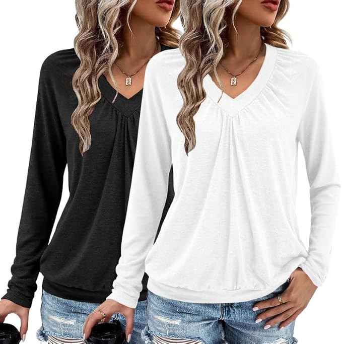 2 Pack Women Tops Long Sleeve Shirts V Neck Loose Fit Soft Casual Solid Color T-Shirts Fall Cloth... | Amazon (US)