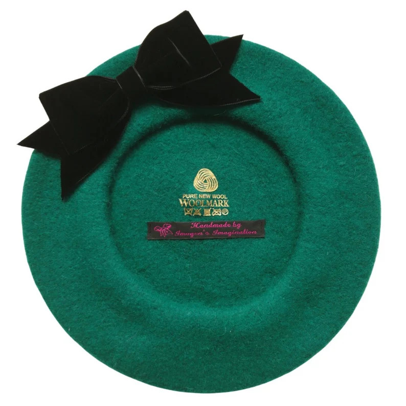 Emerald Green Wool Felt Beret Hat With Black Velvet Ribbon Bow, Green Pure Wool Thick Beret, Emer... | Etsy (US)