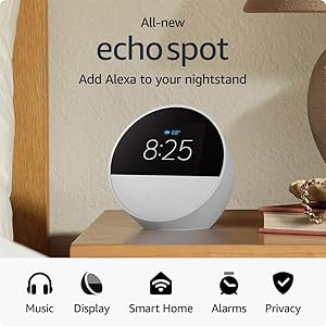 All-new Amazon Echo Spot (2024 release), Smart alarm clock with vibrant sound + Alexa, Glacier Wh... | Amazon (US)