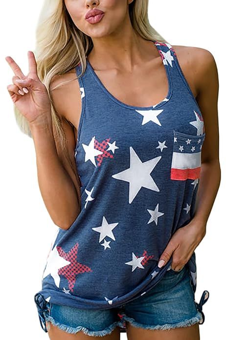 4th of July Women's American Flag Camo Tank Tops Sleeveless Stripes Patriotic T Shirts | Amazon (US)