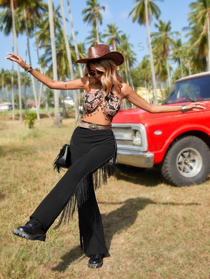 SHEIN X Stagecoach Summer Fringe Trim Flare Leg Black Elasticity Pants | SHEIN