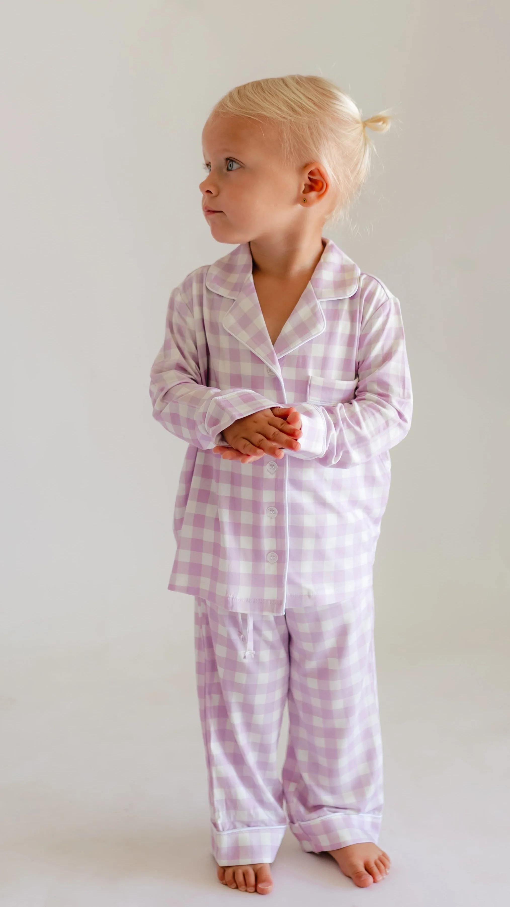 Girl's Button Up Set in Purple Gingham | Silks Design