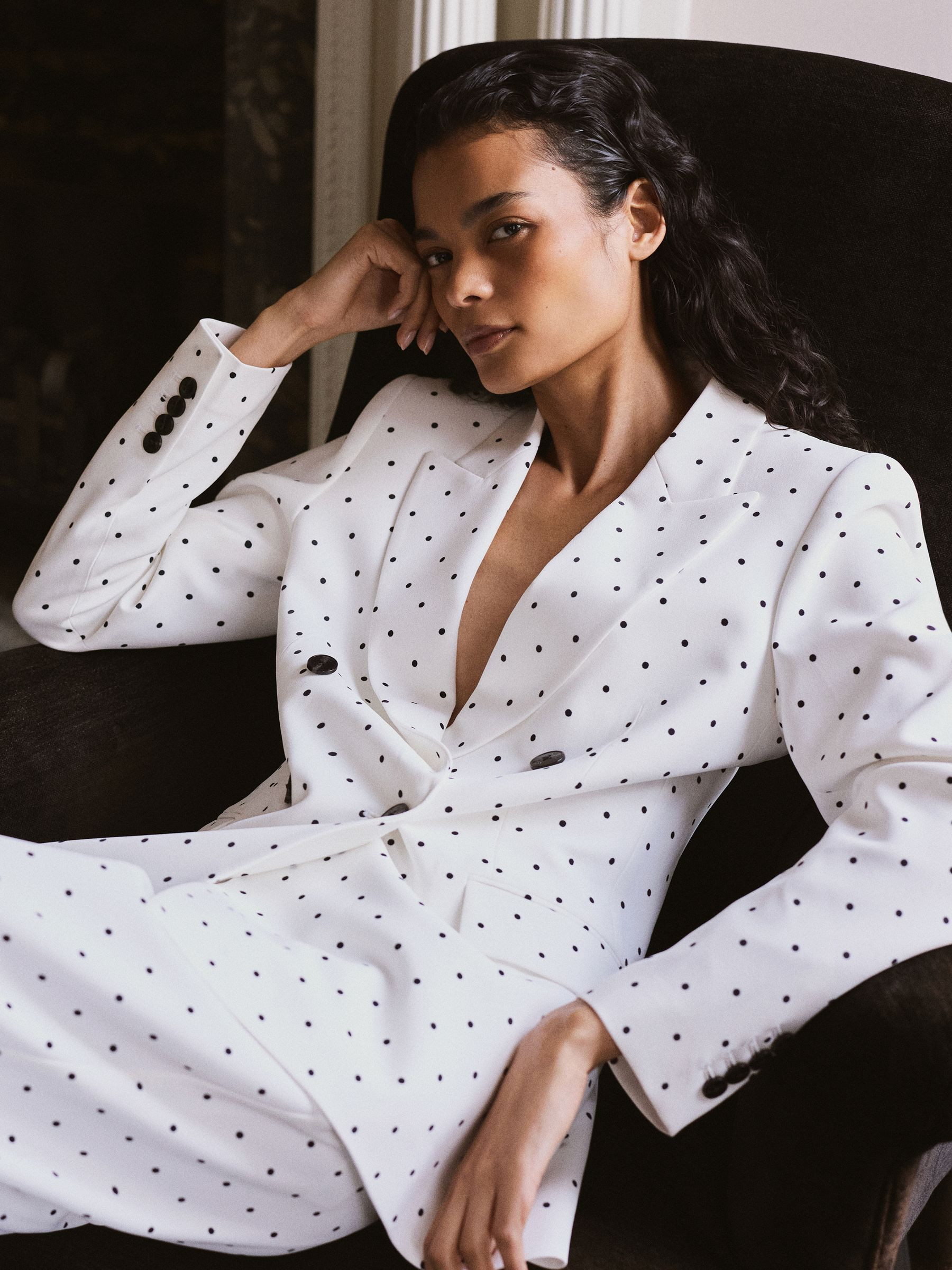 Polka-Dot Double-Breasted Suit Blazer in White/Navy | Reiss UK