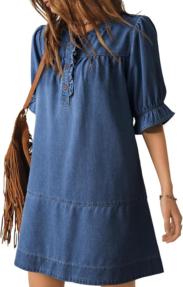 Dokotoo Women's Denim Dress Ruffle Short Sleeve Button Cowgirl Jean Dress | Amazon (US)