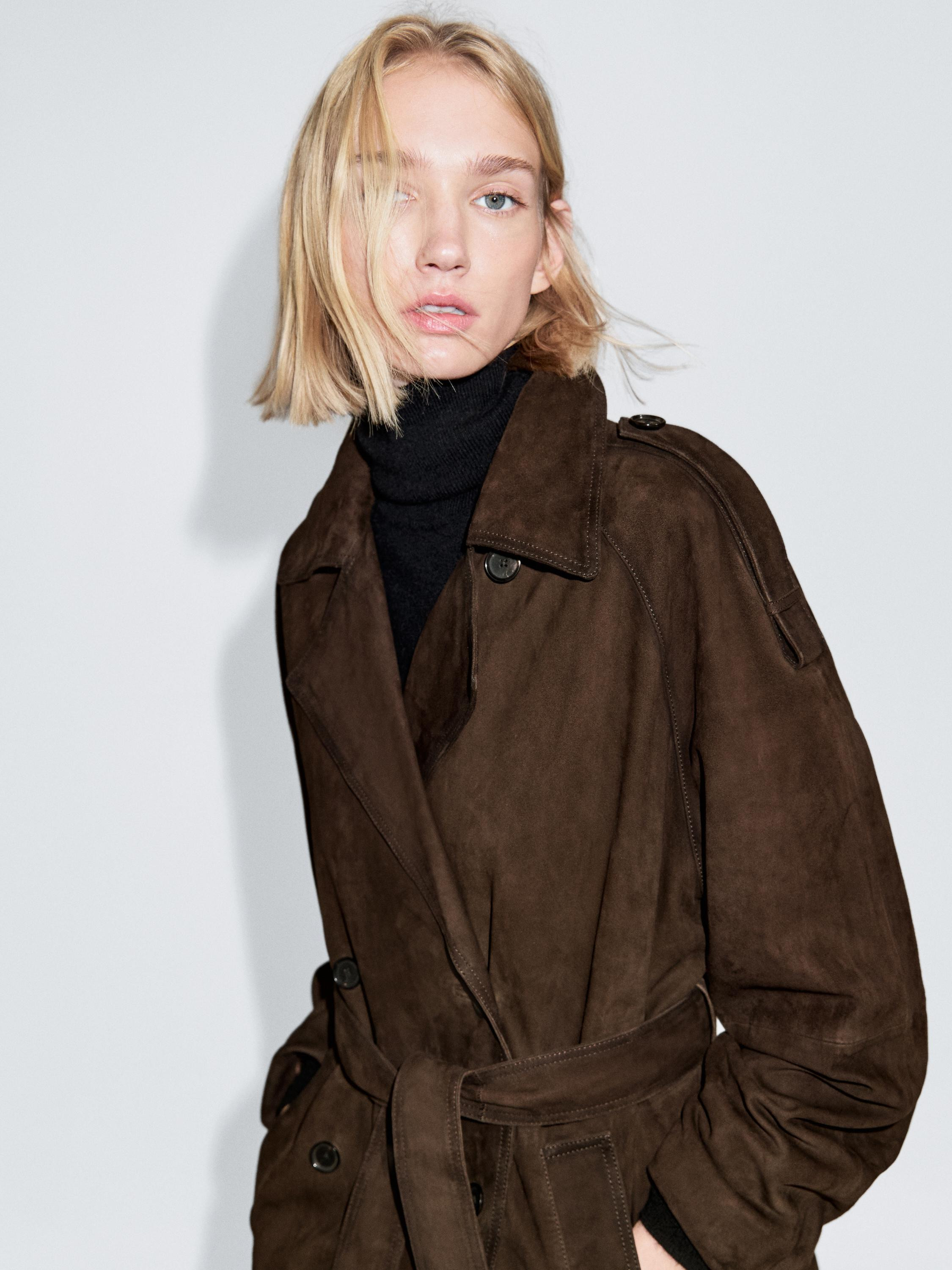 Long suede leather trench coat | Massimo Dutti UK