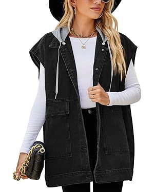 PAODIKUAI Women's Oversized Denim Vest Mid Long Jean Vest Sleeveless Jackets Distressed Vest Cott... | Amazon (US)