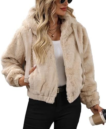 Women's Faux Fur Crop Coat Full Zip Fleece Sherpa Jacket with Hood | Amazon (US)
