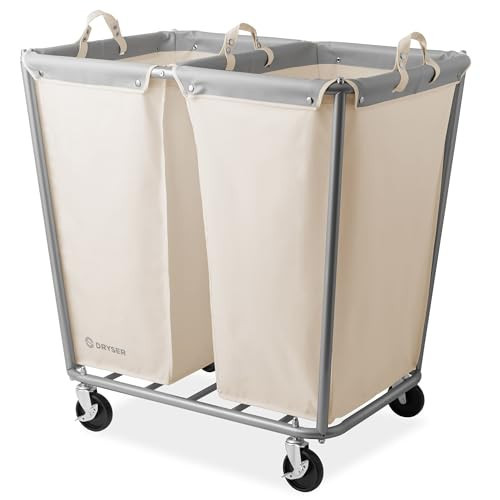 Dryser Divided Commercial Heavy-Duty Rolling Laundry Hamper, Steel Frame Cart on Wheels with 2 Section Removable Canvas Bins for Hotel or Home - White | Amazon (US)