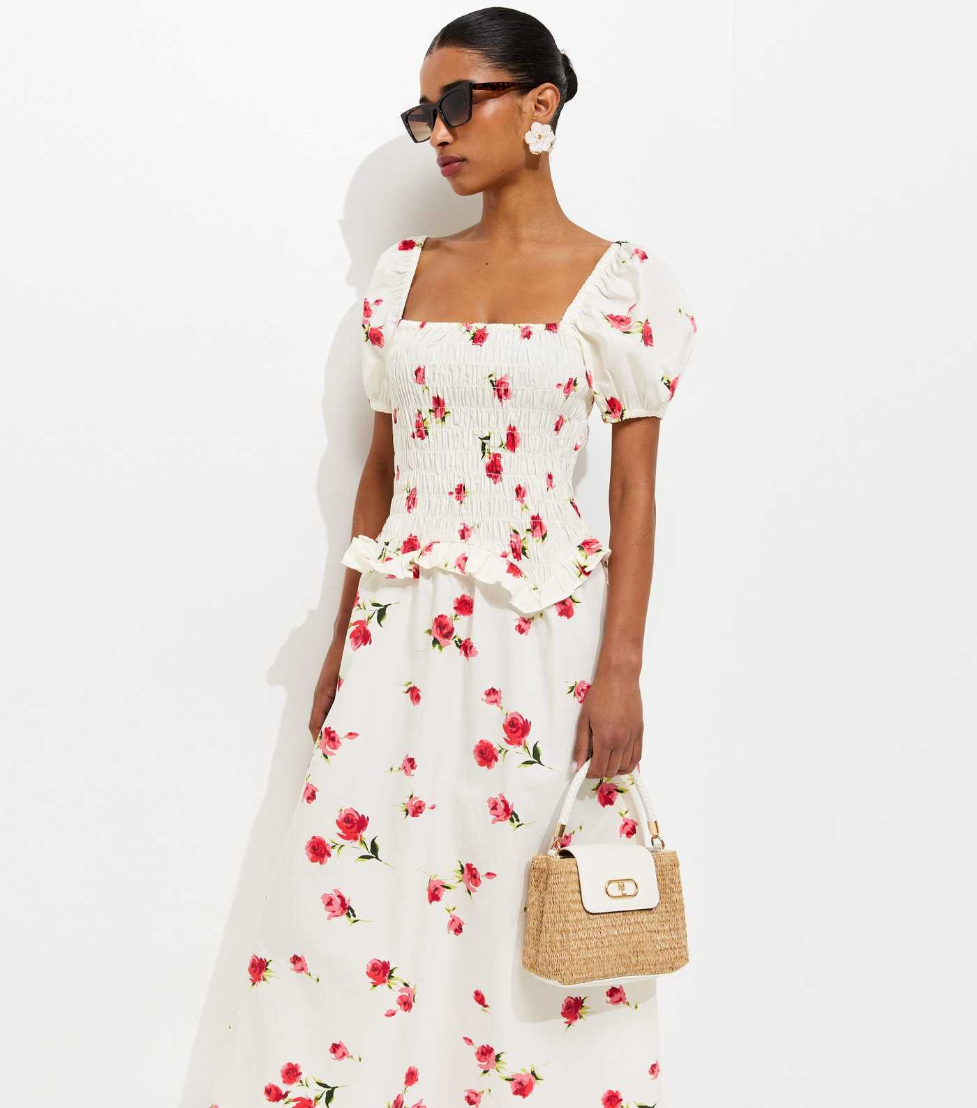 White Floral Print Square Neck Midi Dress | New Look | New Look (UK)