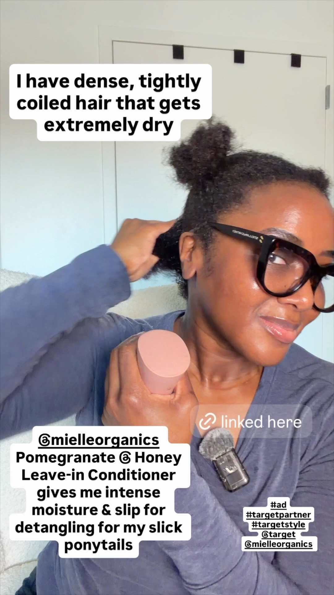 #ad Are you my hair twin? My hair is thick, tightly coiled, and VERY dry—so after washing & deep conditioning I love the @mielleorganics Pomegranate & Honey Leave-In Conditioner. When my ponytail curls need reviving, I bring them back to life with @mielleorganics Kalahari Melon & Aloe Vera Multitasking Leave-in Conditioner. 

Head over to @target to find YOUR Mielle hair twin! #targetpartner #targetstyle #MiCurl
