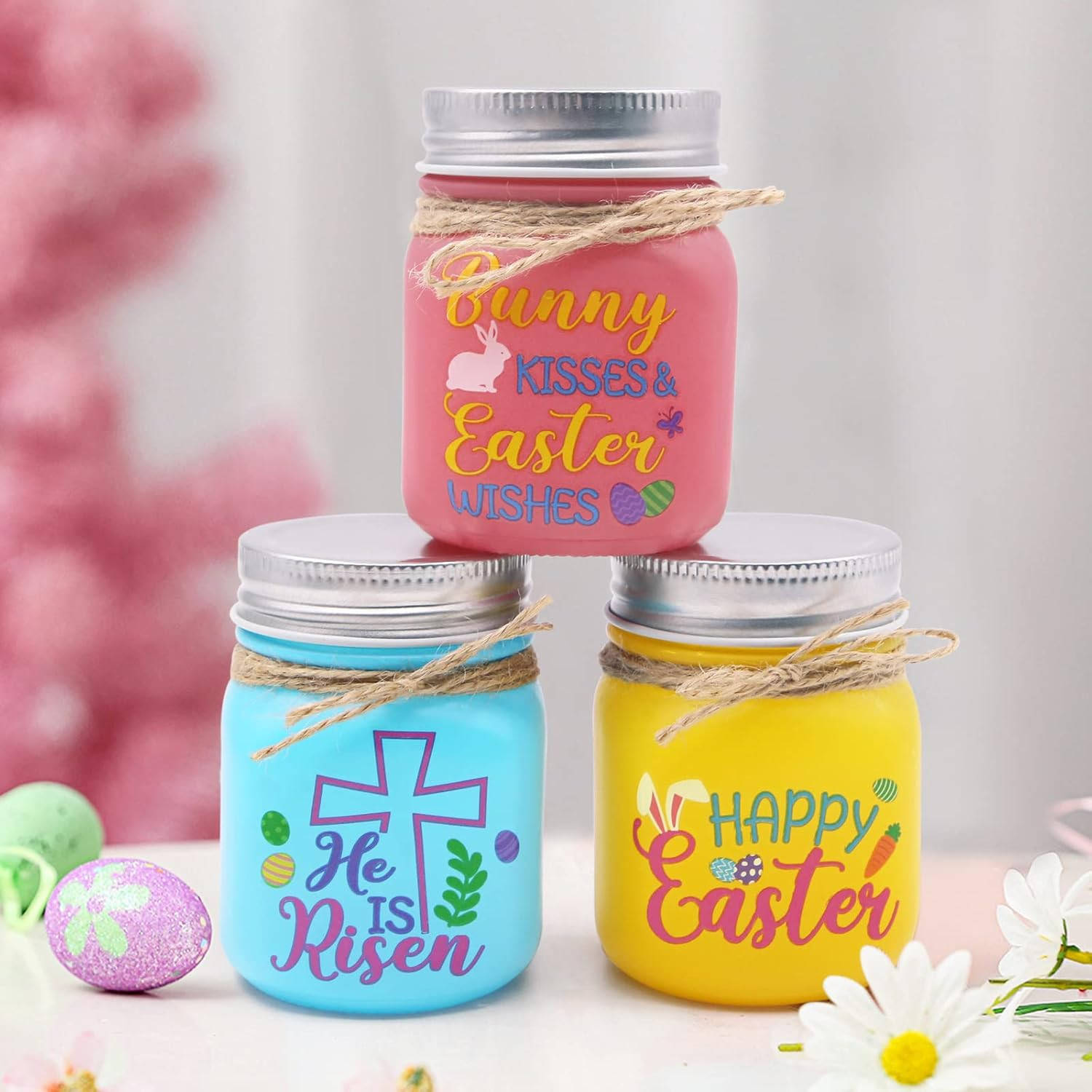 Easter Mini Mason Jar Farmhouse Spring Easter Tiered Tray Decor Bunny Decoration Happy Easter Wis... | Amazon (US)