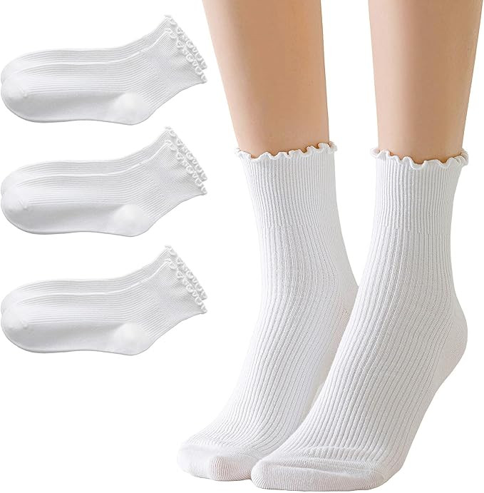 Ruffle Turn-Cuff Socks Women, Casual Cute Girl Ruffle Crew Socks Breathable Cool Frilly Socks | Amazon (US)
