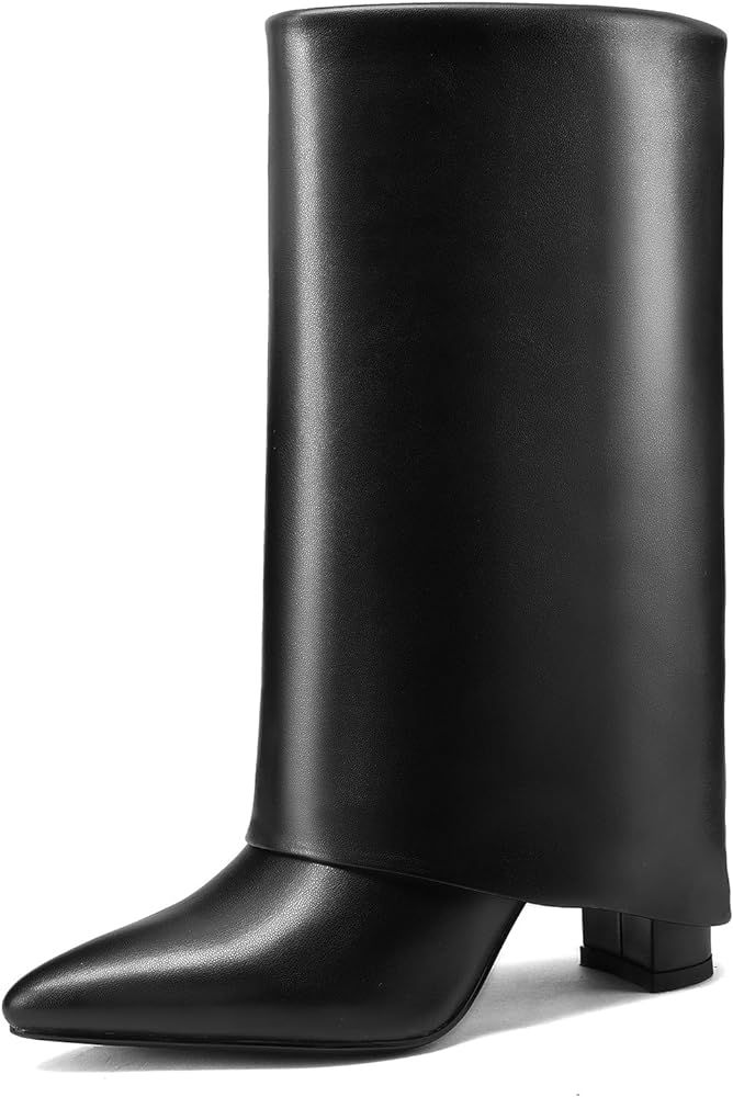 Vaslemuse Women's Mid-Calf Boots Fold Over Chunky Heel Pointed Toe Slouch Riding Boots | Amazon (US)