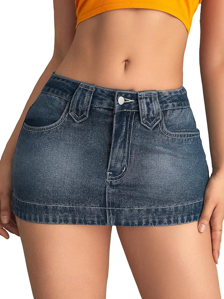 SHENHE Women's Low Rise Denim Mini Skirt Sexy Bodycon Jean Skirt with Pockets | Amazon (US)
