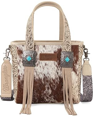 Montana West Wrangler Cowhide Tote Bag for Women Western Tooling Handbag Leather Fringing with Tu... | Amazon (US)