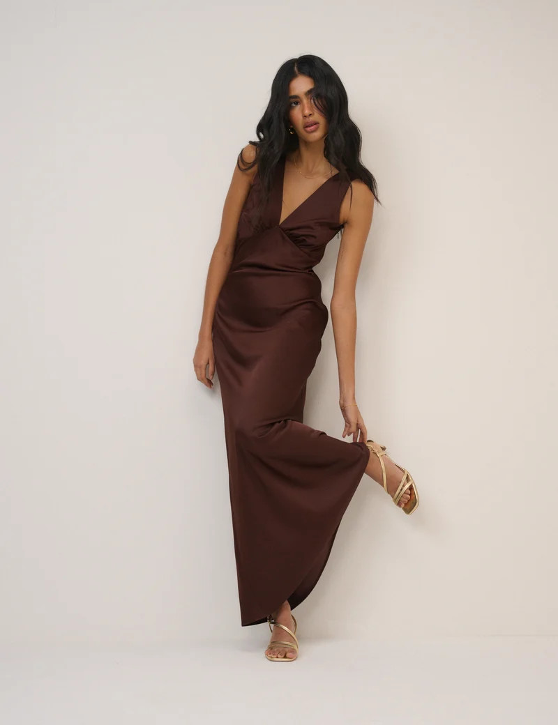 Chocolate Brown Satin Joey Maxi Dress | Nobody's Child