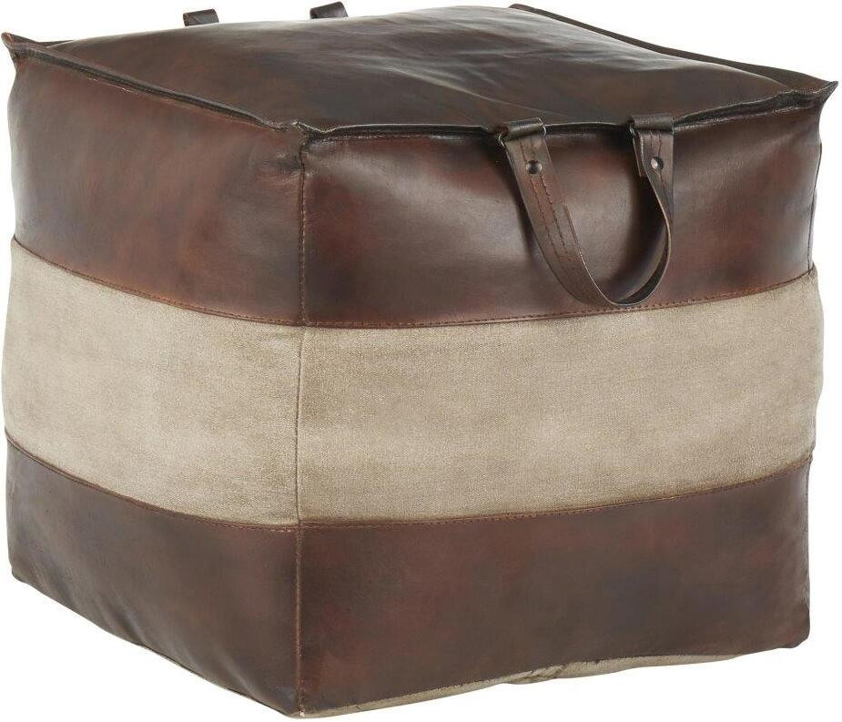 Cobbler Industrial Pouf In Espresso Leather And Tan Canvas | 1stopbedrooms