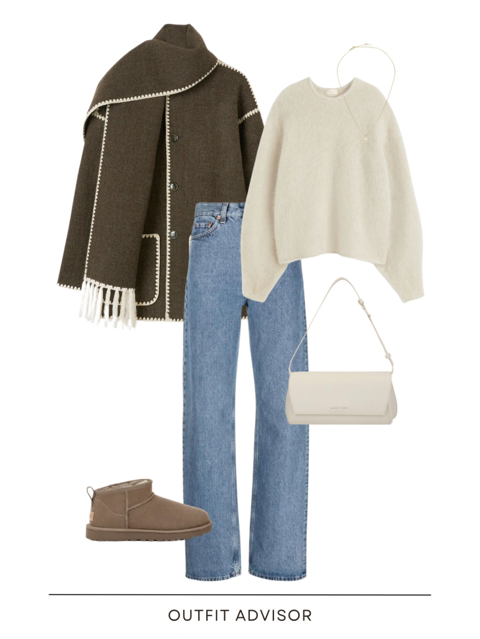 Chic fall outfit idea: a toteme scarf coat, beige jumper, jeans, charles & keith bag, gold pendant necklace and a pair of smoke plum ugg boots

#LTKstyletip #LTKCyberWeek #LTKitbag