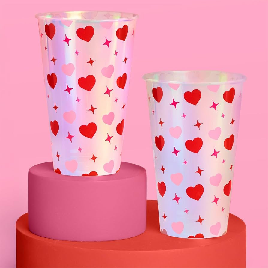 xo, Fetti Iridescent Heart Plastic Cups | 16 pcs 16 oz | Valentine's Day Drinkware, Vday Decor, L... | Amazon (US)